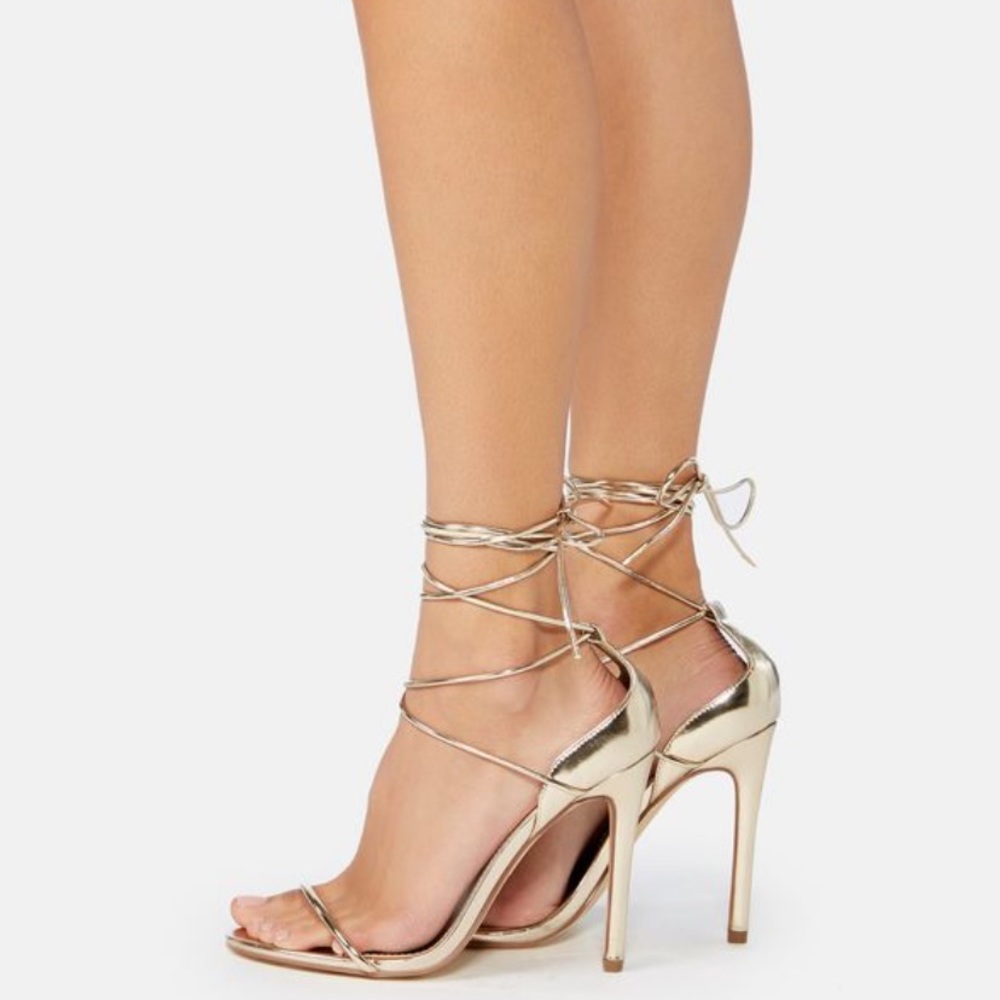 SHOE DAZZLE GOLD OPEN TOE HEEL W/ ANKLE TIES